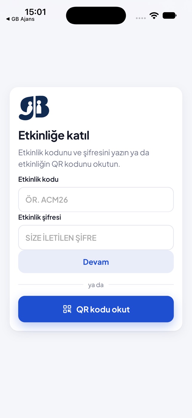 GuestBeam: etkinliğe katıl ekranı, kod ve şifre alanları